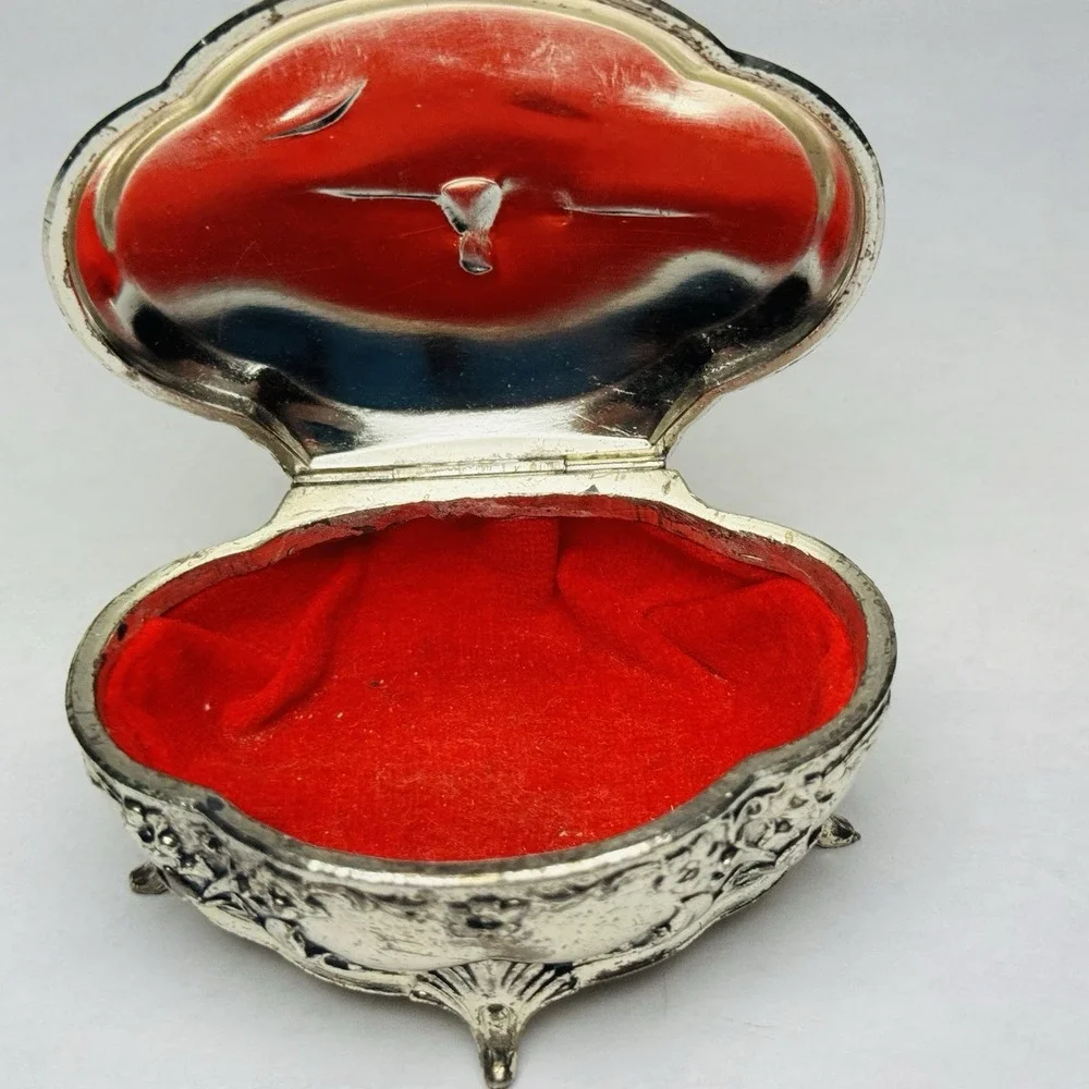 VTG Silver Metal Trinket Or‎ Jewelry Box Lined W/ Red Velvet And An Embossed Top